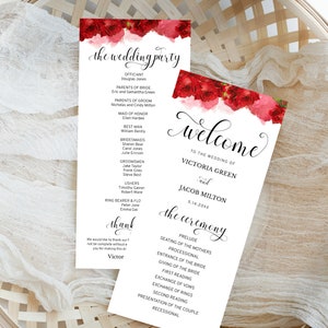 Red Wedding Program Template Download with Red Roses and Red Watercolor, Romantic Valentine's Day Wedding Ceremony Program