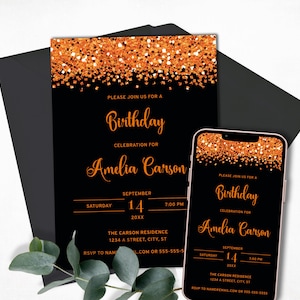 Black and Orange Birthday Invitation Template, Printable Glitter Invitation for Birthday Party, Glam Orange Confetti Invite, E-Invite
