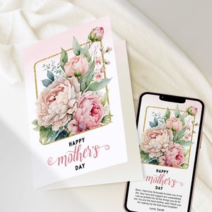 MOTHERS DAY CARD, Electronic Ecard for Mom, Printable Mother's Day Card, Digital Download Happy Mothers Day Card with Pink Peonies Flowers