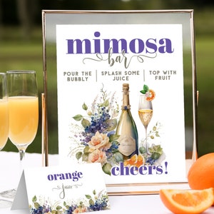 MIMOSA BAR SIGN, Purple Mimosa Bar Sign for Wedding, Bridal Shower or Brunch, Editable and Printable Bubbly Bar Sign, Champagne and Flowers