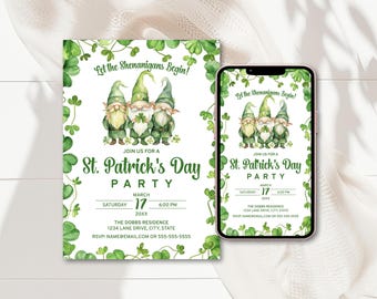 St. Patrick's Day Party Invitation Template, Let the Shenanigans Begin, Printable and Digital Templates, Gnomes and Green Clovers Invite