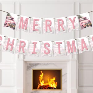 Christmas Flag Banner Template with Pink Vintage Pickup Truck loading with a Christmas Tree, and Holiday Decor, Ready to Print Banner