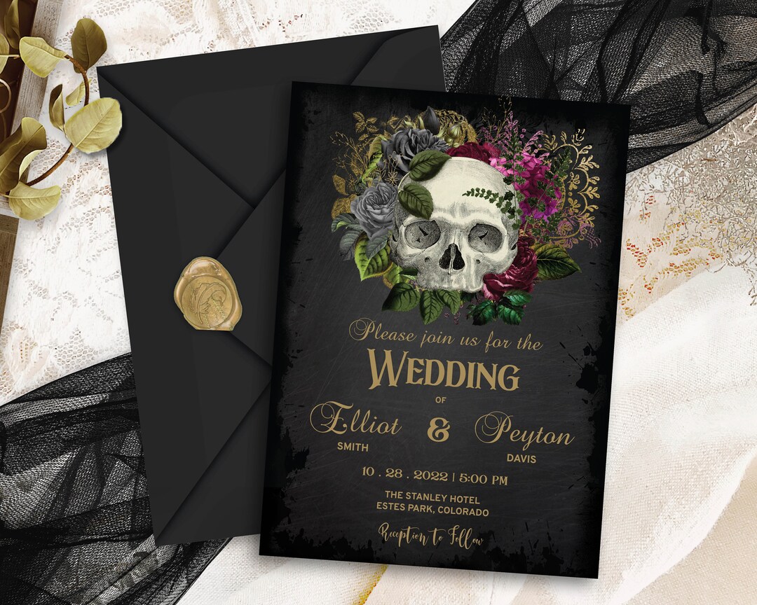 Goth Wedding Invitation Suite With a Masquerade Skull of Pink Flowers ...