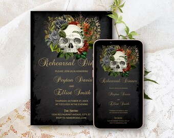 Rehearsal Dinner Invitation Template with a Masquerade Skull of Orange Flowers and Black Roses, Dark Gothic Halloween Rehearsal Invite