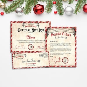 May include: A festive Christmas-themed image featuring a Santa Claus Official Nice List certificate and a letter. The certificate and letter are red and white with decorative borders and text. The certificate is personalized for Olivia.