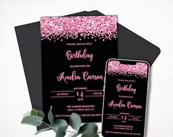 Black and Light Pink Birthday Invitation Template | Printable Glitter Invitation for Birthday Party, Glam Pink Confetti Invite, E-Invite