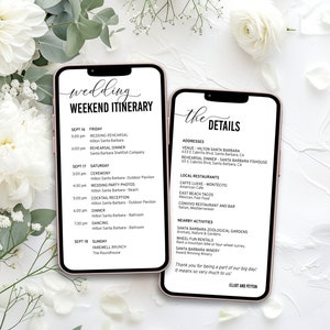 Telefoonsjabloon trouwschema: bestemming en weekendschema, trouwdagprogramma, aanpasbare detailpagina voor een speciale dag