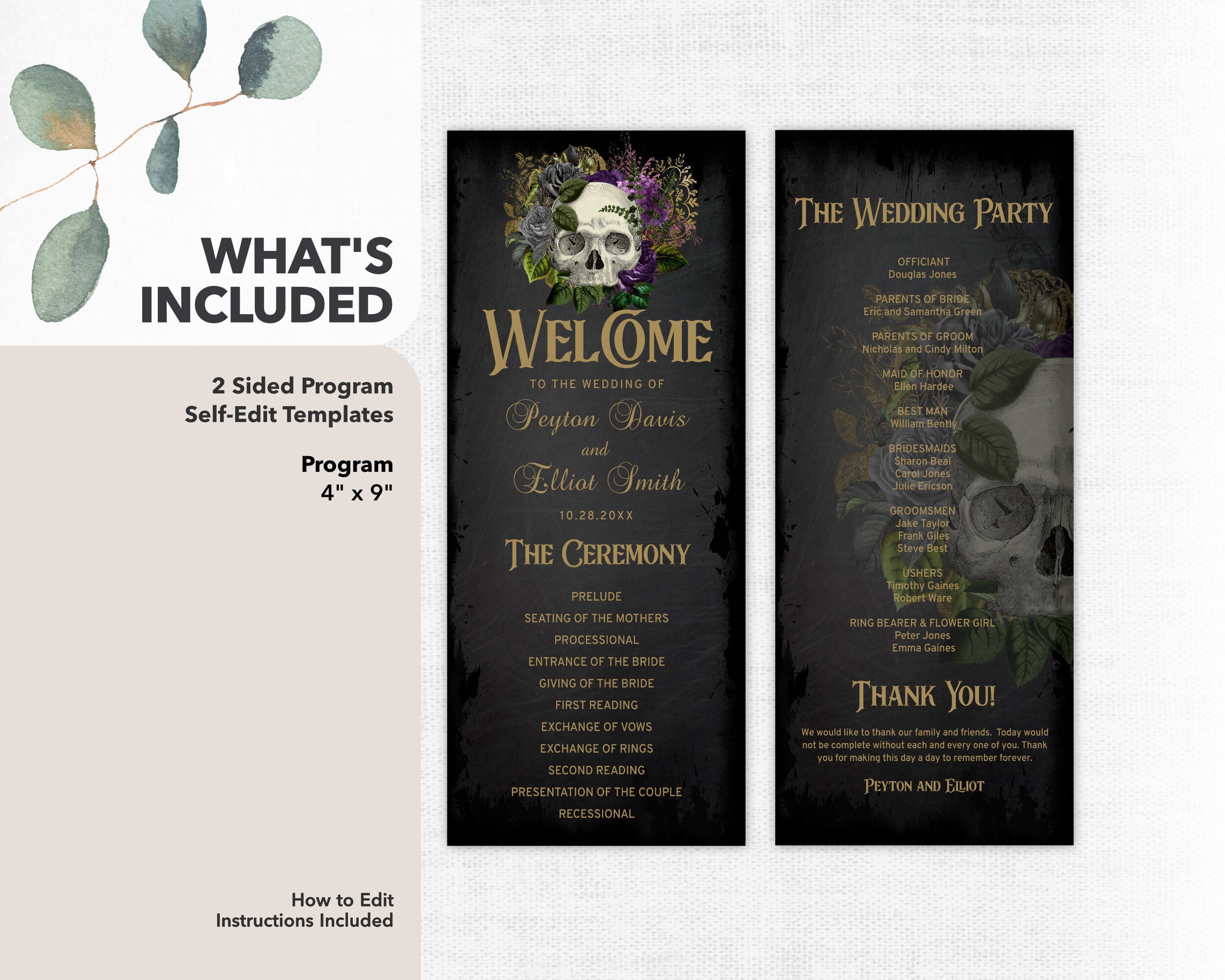 Goth Wedding Program Template With a Masquerade Skull of Purple Flowers ...