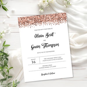 Rose Gold Wedding Invitation Template, Glitter Wedding Invitation with Sparkling Rose Gold Glitter