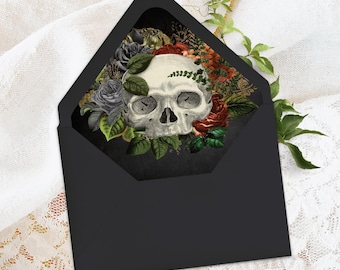 Goth Wedding Envelope Liners with a Masquerade Skull of Burnt Orange Flowers and Black Roses, Dark Gothic Halloween Printable Envelope Liner