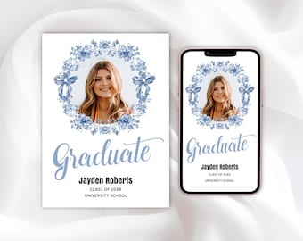 Blue Graduation Invitation Template – Floral Toile Photo Announcement, Printable High School or College Grad Party Invite