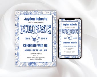 Blue Nurse Graduation Invitation Template – Blue Toile Graduation Announcement, Grad Party Invite with Cute Blue Bow and Stethoscope