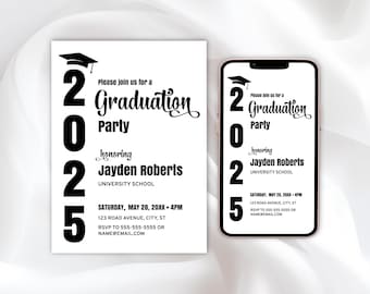 Black and White Graduation Invitation Template — Grad Celebration Invite, Editable College or High School Announcement, Printable & Digital
