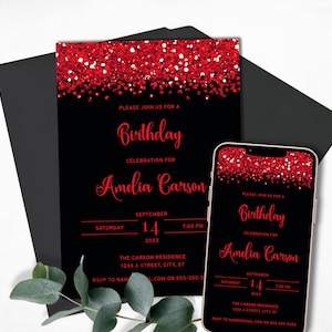 Black and Red Birthday Invitation Template, Printable Glitter Invitation for Birthday Party, Glam Red Confetti Invite, E-Invite