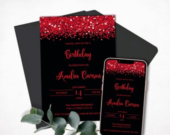 Black and Red Birthday Invitation Template, Printable Glitter Invitation for Birthday Party, Glam Red Confetti Invite, E-Invite