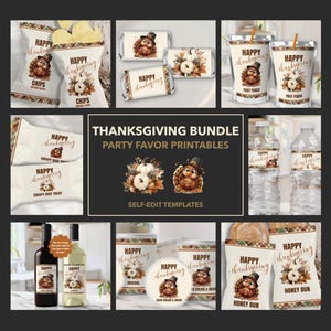 May include: Printable Thanksgiving party favour tags featuring a cartoon turkey and autumn foliage. The tags are designed for various items like crisps, rice treats, water bottles, honey buns, and more. The text on the tags reads "Happy Thanksgiving".
