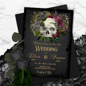 Skull Halloween Wedding Suite, Wedding Invitation Template with Masquerade Skull with Pink and Black Flowers, Accented with Gold