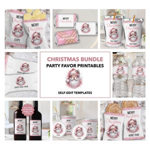 Może przedstawiać: Zestaw drukowanych etykiet na prezenty na przyjęcie w różowo-białym stylu świątecznym z ilustracją Świętego Mikołaja. Etykiety są przeznaczone do różnych przedmiotów, takich jak słodycze, chipsy, butelki z wodą i miodowe bułeczki. Tekst na etykietach brzmi "Wesołych Świąt".