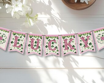 Pink St. Patrick's Day Banner, Printable Party Decor, Pink Glitter Letters & Clovers, Instant Download Template
