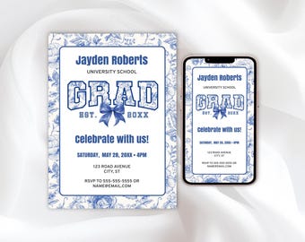 Blue Toile Graduation Invitation Template – High School or College Graduation Announcement, Grad Party Invite with Cute Blue Bow