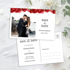 Save the Date Postcard with Red Roses and Red Watercolor, Romantic Valentine's Day Wedding Save the Date Card