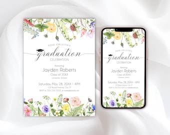 Wildflower Graduation Invitation Template — Spring Floral Grad Party Invite, Editable College or High School Announcement