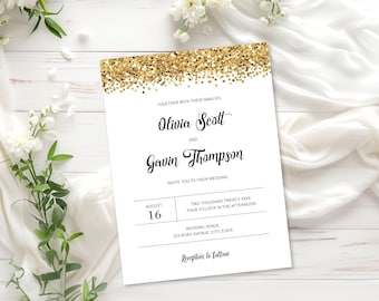 Gold Wedding Invitation Template, Glitter Wedding Invitation with Sparkling Gold Glitter