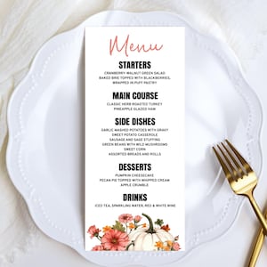 Thanksgiving Menu Template Set with White Pumpkins and Pink Flowers, Menu Sign, Buffet Cards, and Place Cards Templates