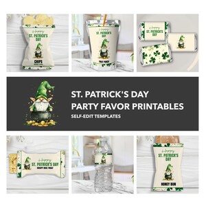 May include: Printable party favor templates featuring a green leprechaun holding a pot of gold. The templates include designs for chips, honey buns, water bottles, and candy bars. The text on the templates reads "Happy St. Patrick's Day".