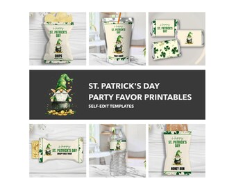 St. Patrick's Party Printables Templates, Gnome and Clover Decor, Pot of Gold Chip bag wrapper, Water Bottle Labels and More