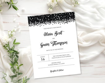 Black Wedding Invitation Template, Glitter Wedding Invitation with Sparkling Black Glitter