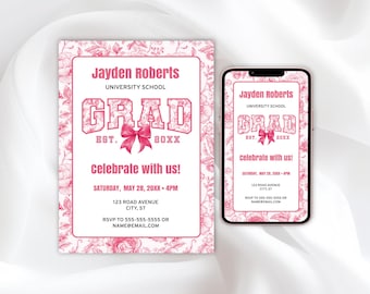 Pink Toile Graduation Invitation Template – High School or College Graduation Announcement, Grad Party Invite with Cute Pink Bow