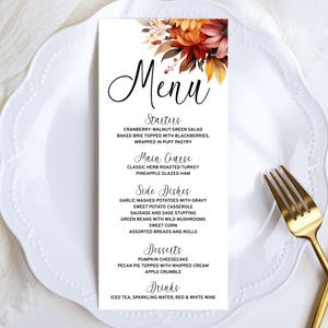 Thanksgiving Menu Template Set with Beautiful Fall Flowers and a Lovely Script Font, Autumn Menu Sign, Buffet Cards, & Place Cards Templates