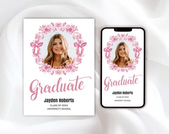 Pink Floral Graduation Invitation Template – Printable Grad Announcement for Her, Editable Party Invite with Photo, Digital Phone Invite