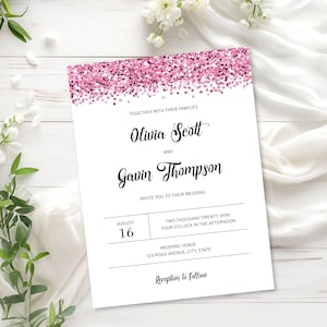 Pink Wedding Invitation Template, Glitter Wedding Invitation with Sparkling Pink Glitter