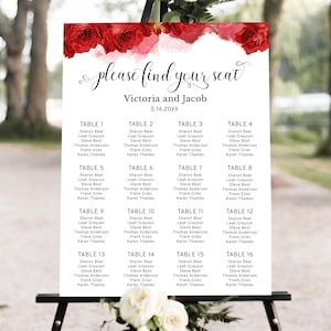 Wedding Seating Chart with Red Roses and Red Watercolor, Romantic Valentine's Day Wedding Seating Plan