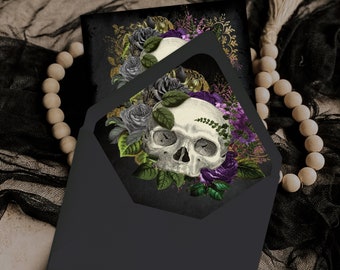 Goth Wedding Envelope Liners with a Masquerade Skull of Purple Flowers and Black Roses, Dark Gothic Halloween Printable Envelope Liner