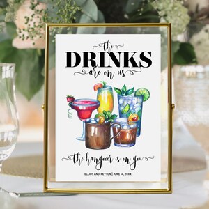 WEDDING BAR SIGN, Printable Template for Open Bar Sign, Drink Sign with Cocktails, The Drinks are on us, the hangover is on you, Photo Prop