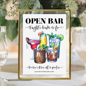 OPEN BAR SIGN, Printable Template for Wedding Bar Sign, Drink Sign with Cocktails, Drinks are Free-Stories will be Priceless, Photo Prop