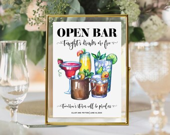 OPEN BAR SIGN, Printable Template for Wedding Bar Sign, Drink Sign with Cocktails, Drinks are Free-Stories will be Priceless, Photo Prop