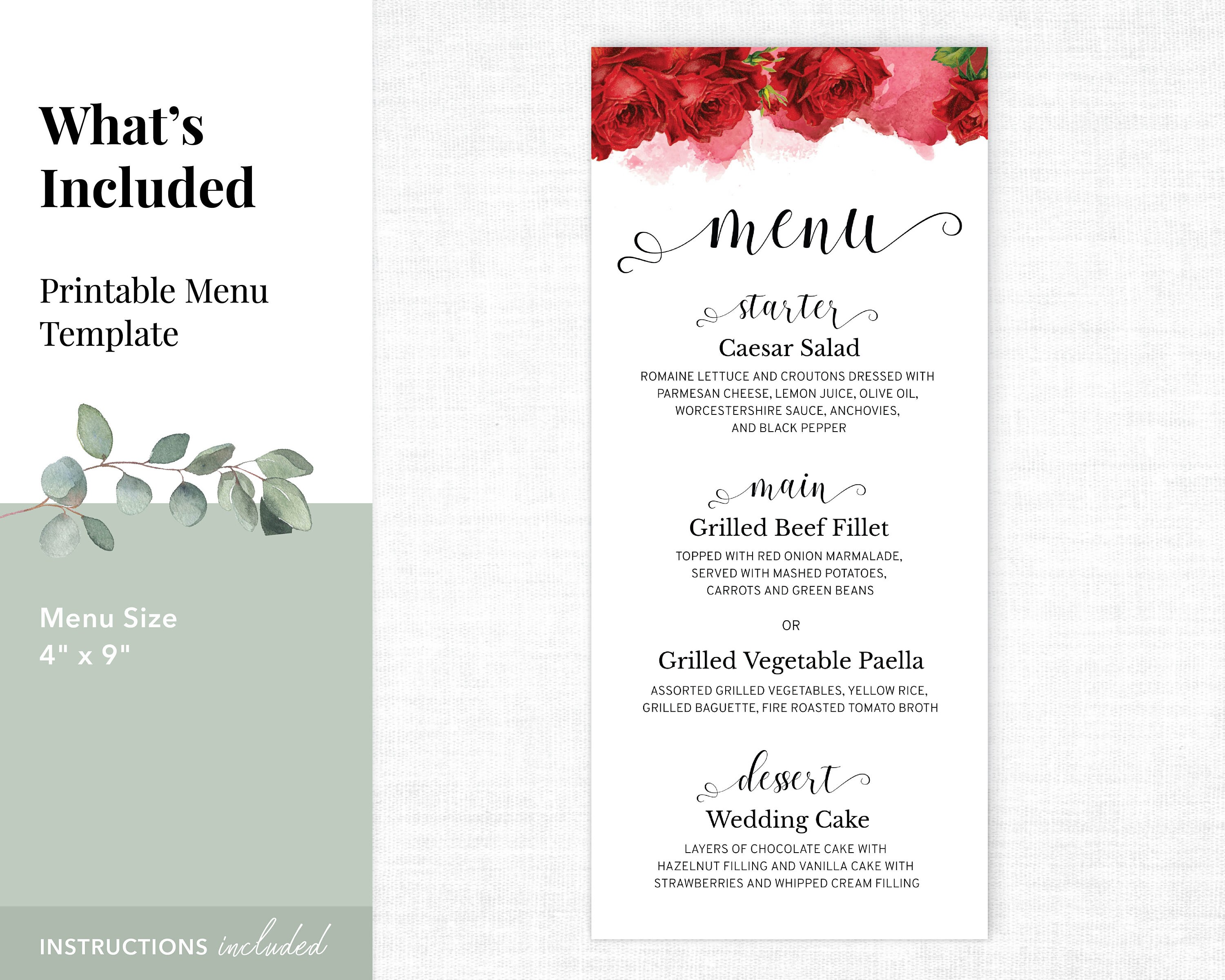 Wedding Menu Printable Template With Red Roses and Red Watercolor ...