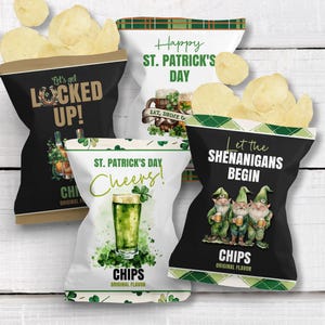 May include: Four bags of chips with St. Patrick's Day themed designs. One bag says "Let's get LOCKED UP!" and another says "Happy St. Patrick's Day". The other two bags say "St. Patrick's Day Cheers!" and "Let the Shenanigans Begin".
