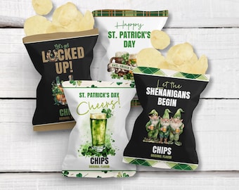 St. Patrick's Day Chip Bag Wrap Templates for Festive Irish Holiday Cheers & Celebrations, Potato Chip Wrapper Designs for St. Pat's Fun