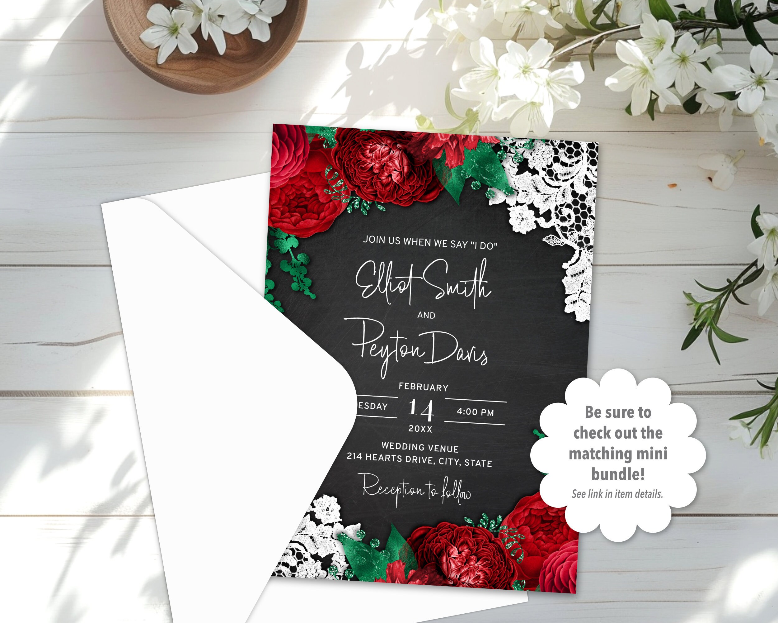 Black and Red Wedding Invitation Suite With Red Roses, White Lace, and ...