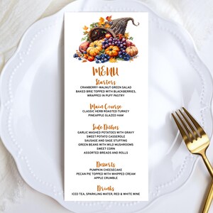 Thanksgiving Menu Template Set with a Cornucopia filled with Fruits and Fall Leaves, Menu Sign, Buffet Cards, & Place Cards Templates