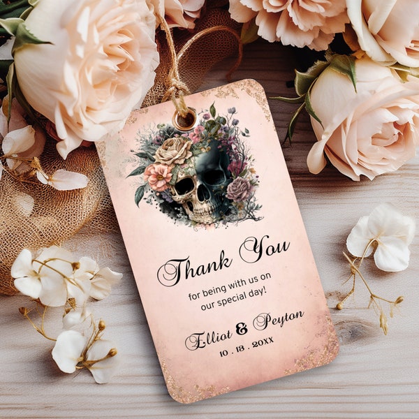 Gothic Gift Tag Printable with a Pink Floral Skull, Wedding DIY Editable and Printable, Boho Goth Thank You Favor Tag G1