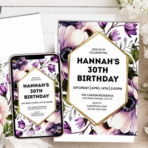 Purple Flowers and Gold Hexagon Birthday Party Invitation Template, Printable and  E-Invite for Birthday Celebration, Envelope Template