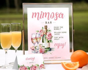 MIMOSA BAR SIGN, Pink Bridal Shower Sign for Mimosa Bar, Mimosa Bar Sign for Bridal Shower, Mimosa Bar Sign with Pink Roses and Champagne