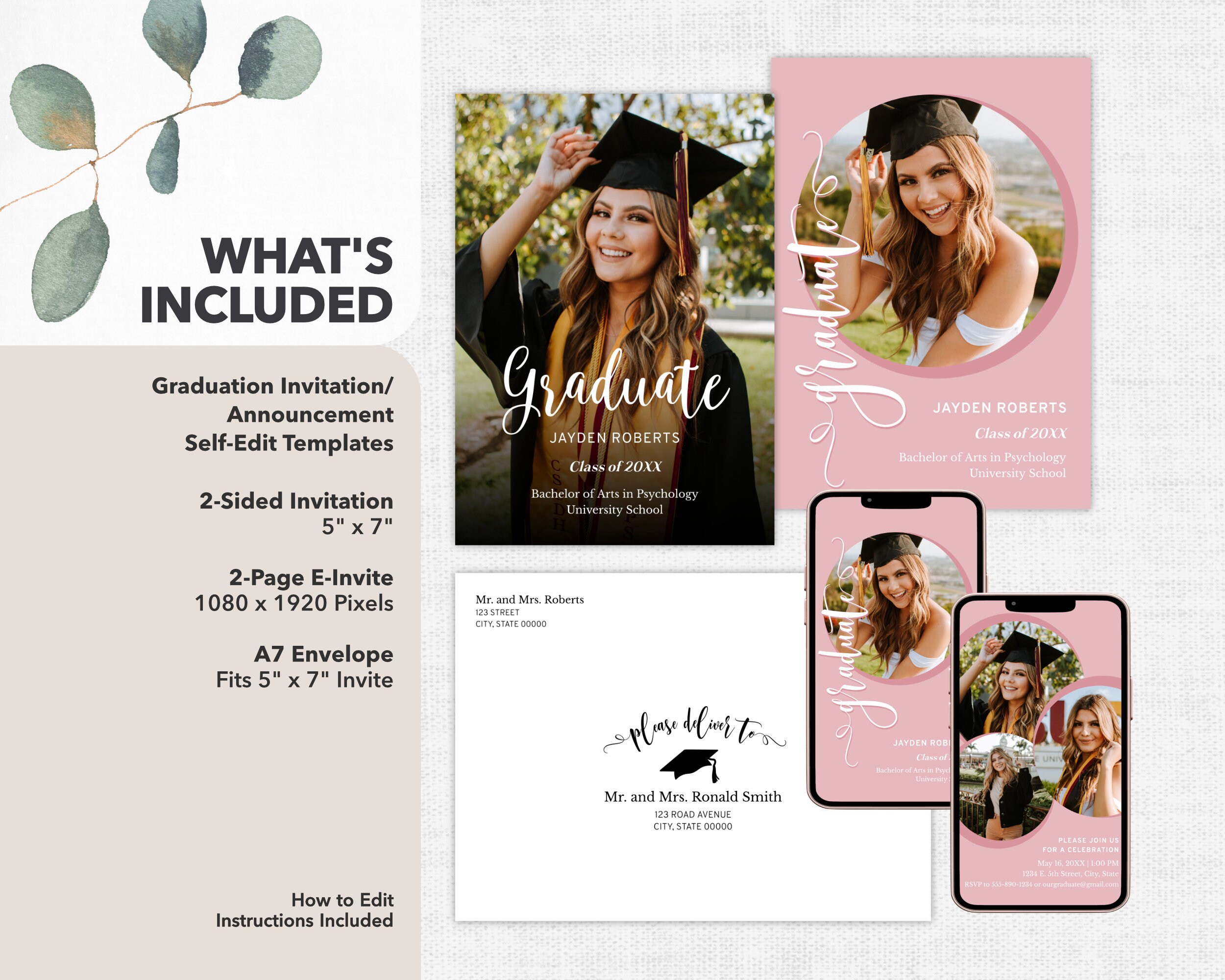 Pink Graduation Invitation Template | Photo Graduation Invite, High School  or College Announcement, Printable Digital, Graduation Party - Etsy, image size:2500x2000