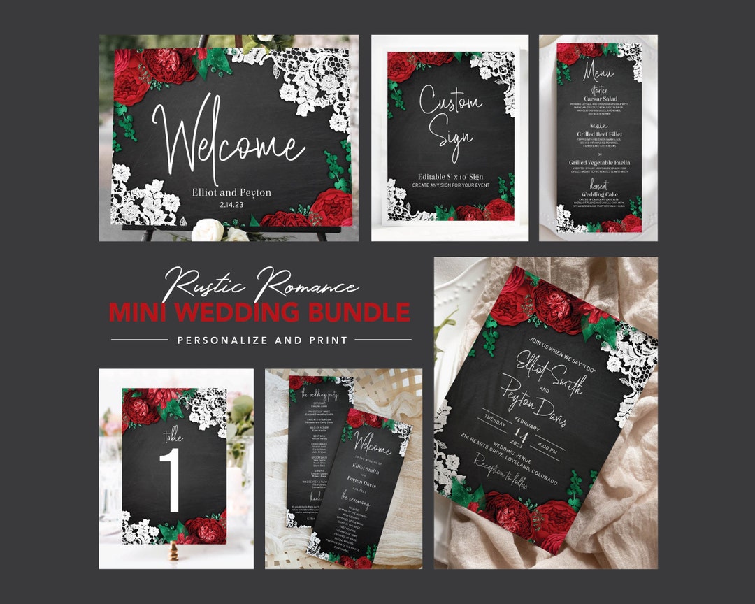 Black and Red Wedding Invitation With Red Roses, White Lace, and a ...